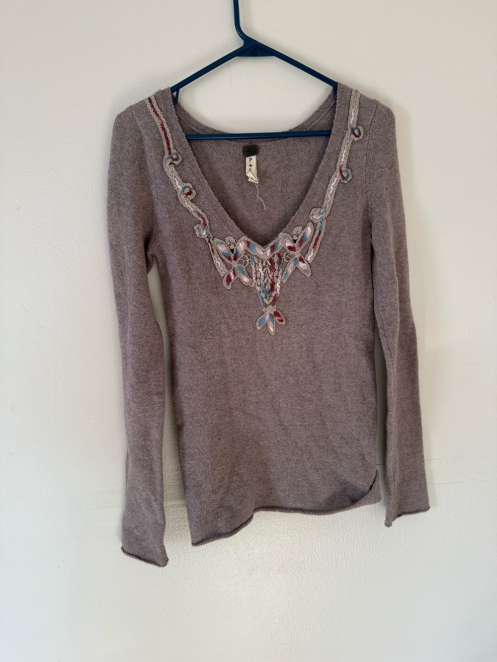 We The Free Taupe V-Neck Long Sleeve Sweater with Multicolor Embroidery